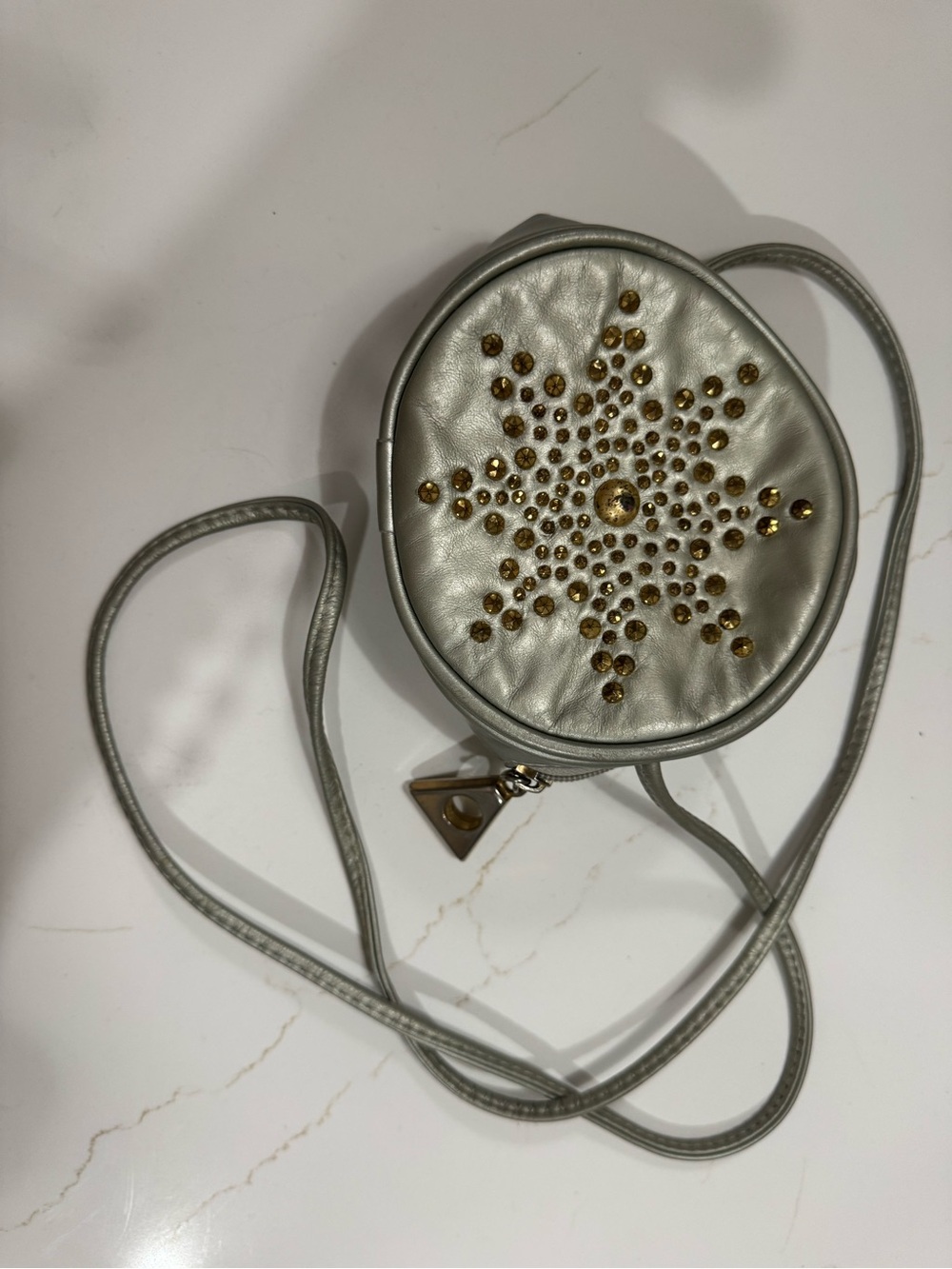 Round Silver vintage Crossbody Bag with Gold Stud Detail